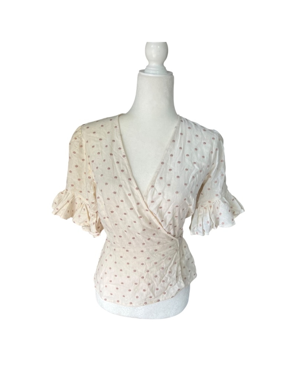 Wayf Polka Dot Ivory White Wrap-Top Linen Blend Small